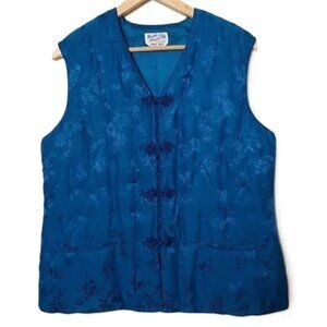 Vintage Silk Vest Double Horse Puff Quilt Boho Asian Satin Blue